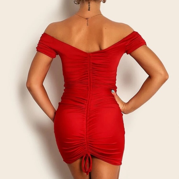Off Shoulder Drawstring Ruched Satin Bodycon Dress - Picture 2 of 5